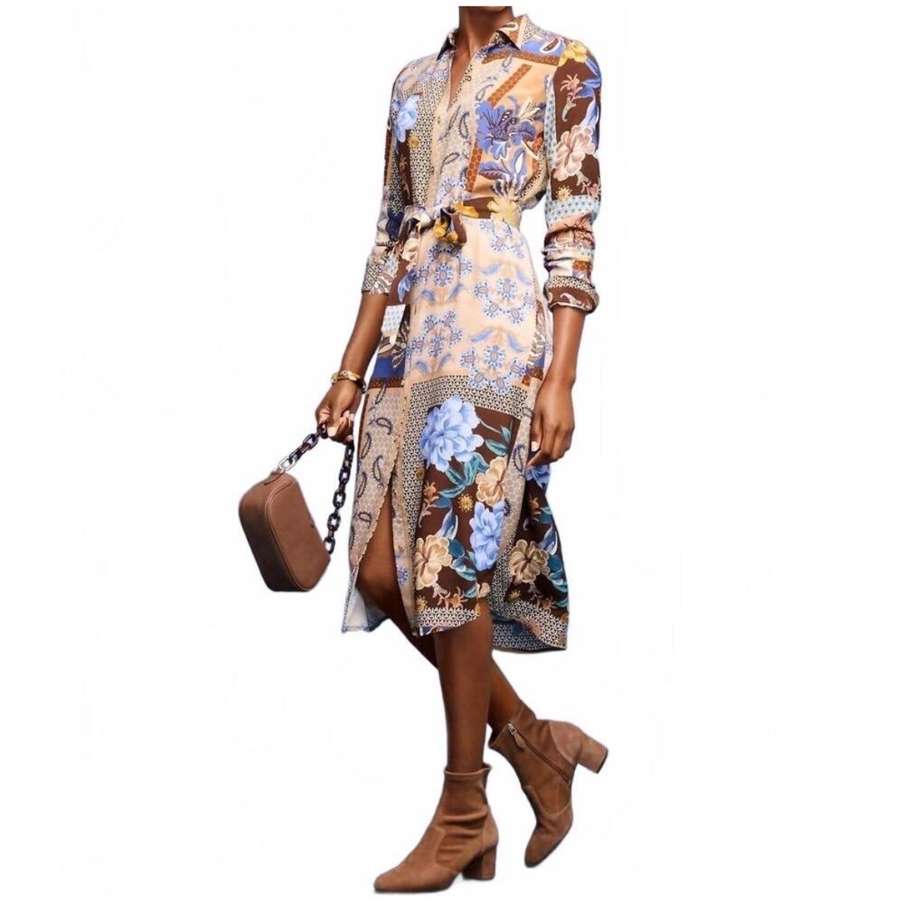 Talbots TIE WAIST SHIRTDRESS FLORAL GEO PATCHWORK women's 14 classic button down